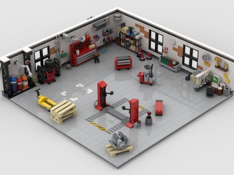 LEGO MOC Tuning Garage with Accessories by toms8wides | Rebrickable - Build with LEGO Lego Garage Moc, Lego Car Garage, Lego Garage Ideas, Lego Garage, Lego Apocalypse, Lego Christmas Village, Lego Machines, City Ideas, Lego Truck