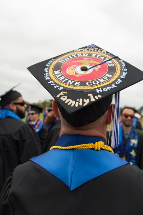 "United States Marine Corps." CSUSM graduation cap. Mortarboard decoration ideas | California State University San Marcos Commencement 2014 Jrotc Graduation Cap, Marine Corps Graduation Cap, Marine Graduation, Marine Son, Future Marine, Christmas Ornaments Ideas, Graduation Cap Ideas, Graduating College, California Christmas