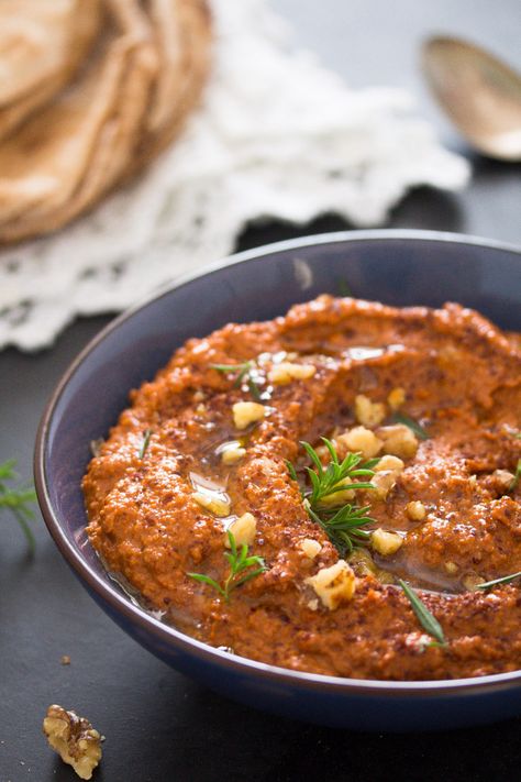 Muhammara Dip with Roasted Peppers and Walnuts – Syrian Food Muhammara Dip, Muhammara Recipe, Syrian Food, Pomegranate Molasses, Eastern Cuisine, Spread Recipes, Roasted Peppers, Idee Pasto Sano, Middle Eastern Recipes