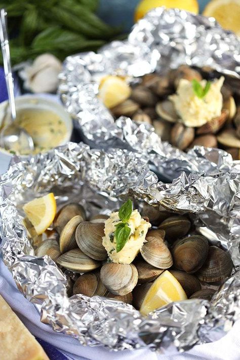 Basil Butter Recipe, Seafood Extravaganza, Littleneck Clams, Grilled Clams, Basil Butter, Steamed Clams, Grilled Seafood Recipes, Foil Pack Meals, Shell Fish