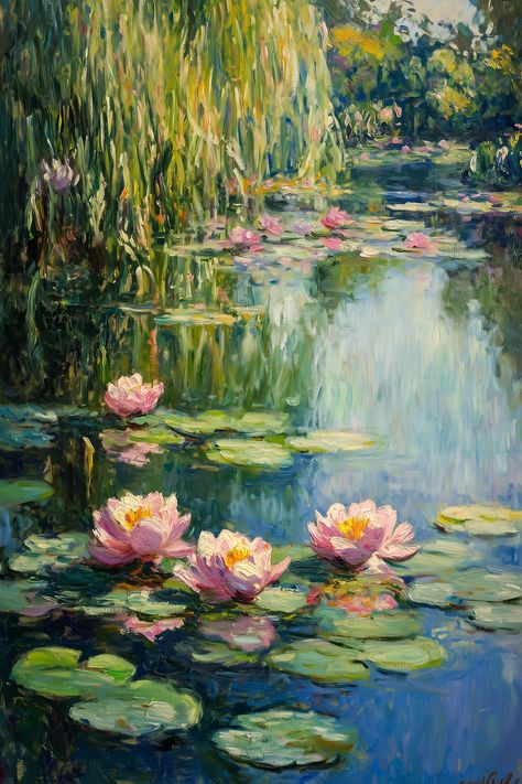 Water Lily Drawing, Oil Pastel Landscape, Lilies Drawing, Water Lilies Painting, Pond Painting, Oil Painting Inspiration, Lily Painting, Monet Art, Photo To Art