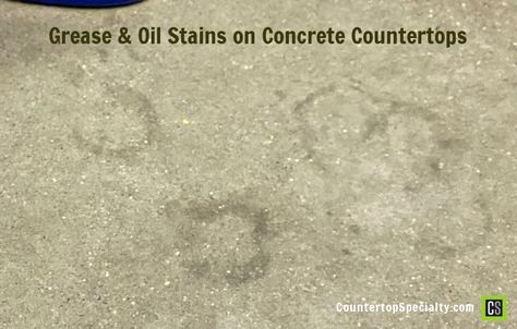 grease and oil stains in concrete countertops How To Clean Concrete Countertops, How To Stain Concrete Countertops, Remove Oil From Concrete, White Concrete Countertop, Stained Concrete Countertops, Concrete Countertop Sealer, Cement Countertops, Remove Grease Stain, Concrete Counter Top