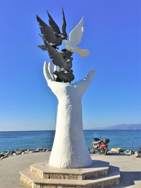 Statue of hand releasing birds on the Waterfront Promenade, Kuşadasi, Turkey Waterfront Promenade, Kusadasi Turkey, Kusadasi, Summer Travel, Greece, Sketch Book, Birds, Statue, Sculpture