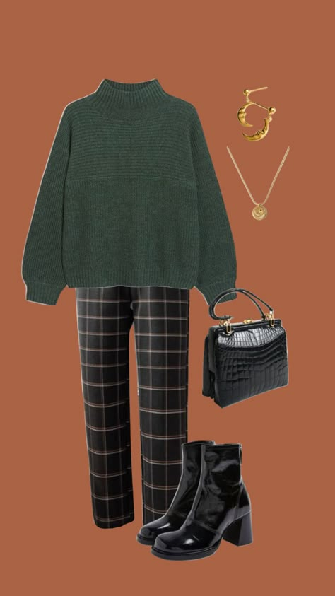 Dark Academia Fall Outfit #fallcore #fall #falloutfit #autumn #autumnaesthetic #fallaesthetic #leavesp #plaid #checkered #black #green #gold #fallgirlaesthetic #leaves #warm #halloween #seasonal Fallcore Outfits, Graphic Designer Aesthetic, Dark Academia Fall, Therapist Outfit, Comfy Work Outfit, Warm Halloween, Black Fall Outfits, Designer Aesthetic, Corporate Goth