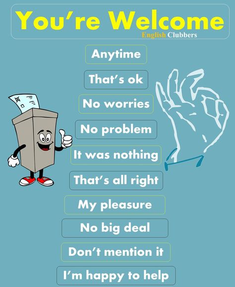 Other ways to say:
You're welcome
Anytime 
That's okay
 no worries 
no problem 
it was nothing
 that's all right 
my pleasure 
no big deal 
don't mention it 
I'm happy to help

______________
Learn English
Learn Grammar 
English Grammar 
Vocabulary 
Pronunciation 
Speaking 
Speak English fluently
Motivation
_____
Hashtags 

#learnenglish #English #vocabulary #englishteacher #ietls #englishvocabulary #studyenglish #englishlearning 
#love #instagood #photooftheday #beautiful #happy #popular #viral Pleasure Quote, Ways To Say Said, Grammar English, Speak English Fluently, Other Ways To Say, Grammar Vocabulary, Unique Words Definitions, Learn English Grammar, Good Vocabulary Words