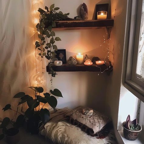 🌟 Day 2: Create Your Sacred Space 🌟 Hello again! It’s Day 2 of our 30-Day Spiritual Self-Care Challenge, and today we’re getting creative. 📝 Today’s Task: 1. Find a little nook or corner in your home. It can be a spot on your nightstand, a shelf, or even a windowsill. 2. Gather a few items that make you feel calm and happy. Think candles, crystals, plants, or photos. 3. Arrange them in your chosen spot. Voilà! You’ve got yourself a sacred space. 💡 Pro Tip: • Keep it simple! This is ... Shelf Altar Ideas, Altar For Small Space, Altar Small Space, Witchy Corner Decor, Sacred Space Aesthetic, Corner Alter Ideas, Crystal Corner In Room, Meditation Corner Diy Small Spaces, Crystal Altar Sacred Space