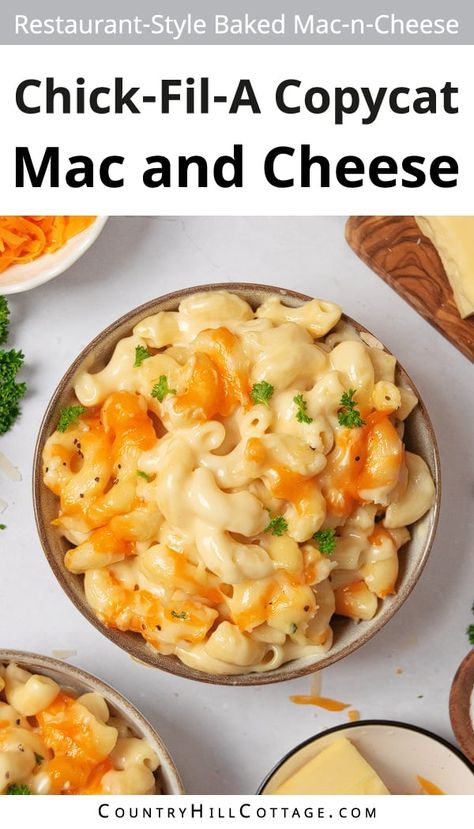 Creamy and cheesy, this homemade Chick Fil A mac and cheese recipe is the best copycat mac n cheese recipe you'll ever taste. The sauce with 5 different types of cheese like cheddar, Romano, parmesan and American cheese, creates the smoothest, richest, and creamiest casserole. Your family will devour the gooey side dish that pairs nicely with your favorite mains. If you're looking for an easy comfort food recipe, this restaurant-worthy mac n cheese comes to the rescue! | CountryHillCottage.com Mac And Cheese Easy, Different Types Of Cheese, Easy Mac N Cheese, Baked Mac N Cheese, Prime Rib Roast, Mac And Cheese Recipe, Baked Mac, Pasta Salads, Easy Comfort Food