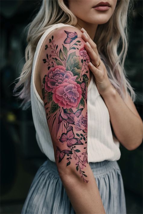 Discover a world of beautiful tattoos for women with our curated collection of stunning sleeve designs. From intricate floral patterns to meaningful symbols, these unique tattoos are perfect for making a statement. Whether you prefer a full sleeve that flows down your arm or a chic half sleeve that highlights your shoulder, our ideas cater to every taste. Explore styles that range from pretty and cute to classy and bold, ensuring you find the perfect tattoo that resonates with your personality. Sleeve Tattoos For Women Unique, Half Sleeve Tattoos Color, Women Sleeves, Tattoos For Women Unique, Colour Tattoo For Women, Arm Sleeve Tattoos For Women, Meaningful Symbols, Beautiful Tattoos For Women, Perfect Tattoo