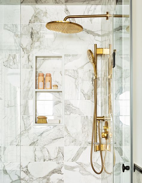 10 Beautiful Bathroom Trends You'll Be Seeing In 2022 - House & Home Rainhead Shower, Master Bath Suite, Shower Remodel Diy, Sophisticated Bathroom, Brass Fixtures, Corner Shower, Bathroom Trends, Marble Bathroom, Shower Remodel