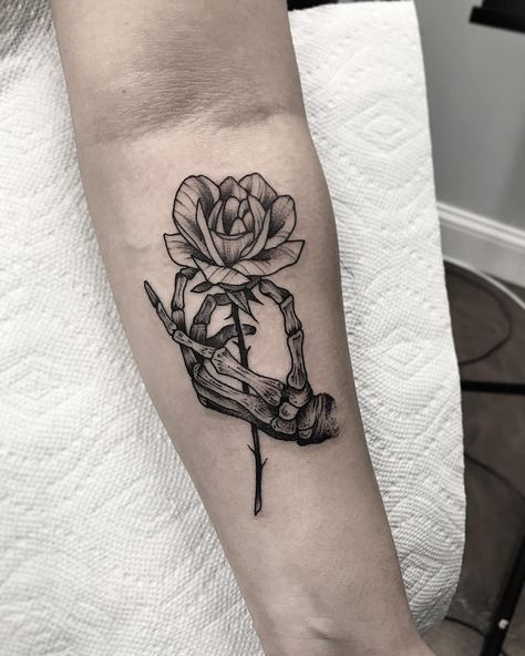 ☠️CHICAGO TATTOO ARTIST ☠️ on Instagram: “Happy Friday! Skeleton hand & rose 🖤” Skeleton With Roses Tattoo, Rose Hand Tattoo With Skeleton Fingers, Skelton Hand Tattoo Girl, Skelton And Rose On Hand Tattoo, Skull Hand Holding Rose Tattoo, Chicago Tattoo, Rose Hand Tattoo, Skull Rose Tattoos, Tattoo Artist