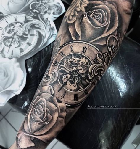 Aria Tattoo, Clock Tattoo Sleeve, Forearm Cover Up Tattoos, Tiger Tattoo Sleeve, Valkyrie Tattoo, Full Hand Tattoo, Half Sleeve Tattoos Forearm, Watch Tattoo, Rose Tattoos For Men