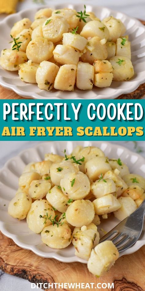 Perfectly cooked buttery scallops made in the air fryer, ready in less than 20 minutes. These air fryer scallops are an easy gourmet dinner! You can use scallops cooked from frozen or fresh ones. This is a healthy air fryer scallops recipe that will give you tender scallops that are not tough. 
https://www.rfr.bz/pljt1pk Air Fryer Scallops Recipe, Air Fryer Scallops, Gluten Free Healthy Dinners, Scallop Recipes Healthy, Scallops Recipe, How To Cook Scallops, Healthy Air Fryer, Gluten Free Dinner Easy, Gluten Free Meal Plan