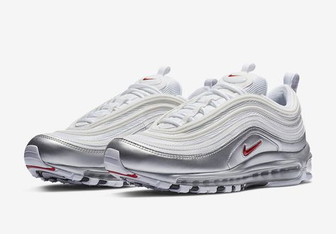 Nike Air Max 97 Metallic Pack AT5458-001 AT5458-002 Release Date - SBD White 97s, 97s Nike, Nike Air Max 97 White, Nike 97, 97 Shoes, Winter Running Shoes, Running Shoes Design, Rare Nikes, Silver Sneakers