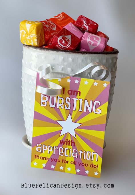 "This employee appreciation printable treat gift tag is a great card to add to some starBURST candy * DIGITAL DOWNLOAD No physical item will be sent. * ITEM Printable gift tag for employees, staff, team members, teachers and more! READS: I am bursting with appreciation for all that you do! * SIZE: Teacher Appreciation gift tags are approximately 2.5 x 3.5\".  4 on an 8.5 x 11 (letter size) file. Store Policy For personal use only No file sharing Not for inappropriate use No refunds on digital pr Faculty Gifts Staff Appreciation, Birthday Gift For Employee, Student Worker Appreciation Ideas, Appreciation Treats For Staff, Small Appreciation Gifts For Employees, Bulk Appreciation Gifts, Employee Appreciation Gift Baskets, Small Holiday Gifts For Coworkers, Cheap Employee Appreciation Gifts