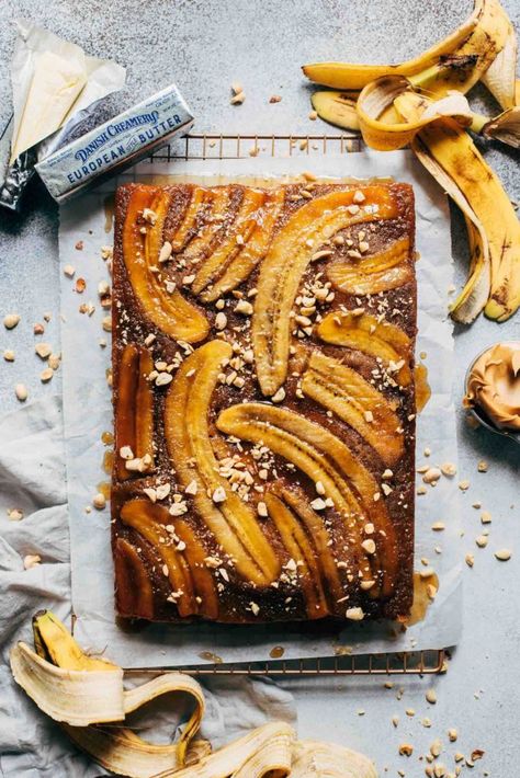 This soft and moist banana upside down cake is made with a rich peanut butter cake and a layer of caramelized bananas. It's tender, flavorful, and the best way to eat peanut butter and banana together! #bananacake #sheetcake #bananaupsidedowncake #peanutbutter #butternutbakery | butternutbakeryblog.com Food Photography Cake, Banana Upside Down Cake, Banana Bread Bars, Butternut Bakery, Upside Down Cake Recipe, Peanut Butter Sheet Cake, Peanut Butter Banana Bread, Peanut Butter Bread, Banana Dessert Recipes