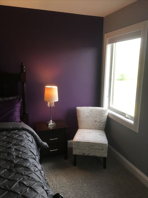 Benjamin Moore Purple Rain Accent wall Accent Wall Purple Bedroom, Purple Rain Benjamin Moore, Violet Accent Wall, Benjamin Moore Purple Rain, Bedroom Accent Wall Purple, Purple Wall Color Bedroom, Purple Painted Bedroom, Purple Paint Bedroom, Purple Room Color