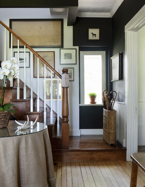 Victorian Farmhouse Interior, Loft Spaces Upstairs, New England Aesthetic Interior, Entry Staircase, Vermont House, Rustic Farm Table, Mudroom Laundry, New England Farmhouse, Burlap Tablecloth