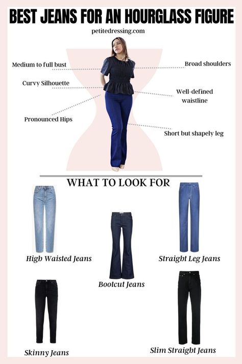 The Complete Jeans Guide for An Hourglass Figure Hourglass Jeans Guide, Petite Hourglass Outfits, Hourglass Jeans, Type Of Jeans, Jeans Guide, Hourglass Outfits, Hourglass Body Shape, Types Of Jeans, Cropped Flare Jeans