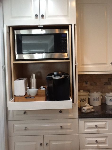 coffee station cabinet | Microwave and coffee station hidden in cabinet. Microwave Toaster, Home Coffee Stations, Kitchen Inspiration Design, Coffee Station, Kitchen Redo, Kitchen Cabinet Design, Kitchen Remodel Idea, Cabinet Design, Home Decor Kitchen