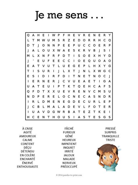 Express your emotions in French with our French feelings word search puzzle.  Puzzles are a great way to learn new vocabulary and review spelling. Feelings Word Search, French Worksheets, French Teaching Resources, French Activities, French Language Lessons, Core French, French Education, French Grammar, English And French