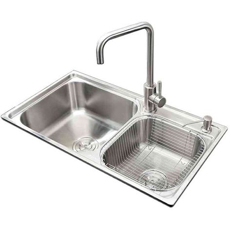 Modern Simple 304 Stainless Steel Sink Double Bowl Kitchen Washing Sink with Drain Basket and Liquid Soap Dispenser AOM8143 Silver Faucet, Stainless Steel Double Bowl Kitchen Sink, Sink Undermount, Black Stainless Steel Kitchen, Topmount Sink, Undermount Stainless Steel Sink, Double Kitchen Sink, Modern Kitchen Sinks, Black Kitchen Sink