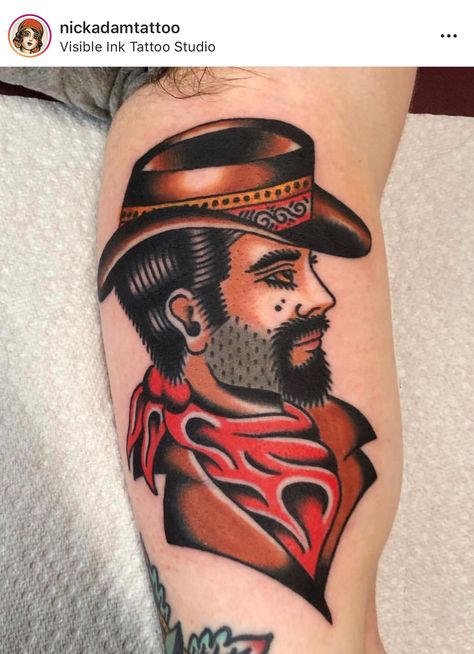 Cowboy Portrait Tattoo, Traditional Man Face Tattoo, Doughboy Tattoo, Traditional Tattoo Man, Cowboy Tattoos, Company Design, Flash Sheet, Old School Tattoo Designs, Leg Sleeve