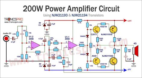 200W Bass Amplifier Circuit Diagram using NJW21194 & NJW21193 Audio Amplifier Circuit Diagram, 3055 Amplifier Circuit, Amplifier Circuit Diagram, Cell Phone Repair Shop, Amplificatori Audio, La4440 Amplifier Circuit Diagram, 2sc5200 2sa1943 Amplifier Circuit, Tda 7297 Amplifier Circuit, Tda 2822 Amplifier Circuit