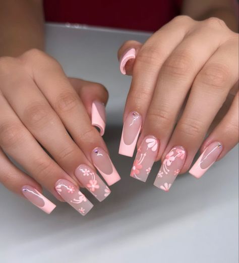 Wedding Guest Nails Coffin, Feb Birthday Nails, Spring Medium Nails, Summer Nail Inspo Acrylic Square, Cute Kawaii Nail Designs, Long Floral Nails, Gel X Spring Nails, Spring Nails Baddie, Spring Nails Medium Length