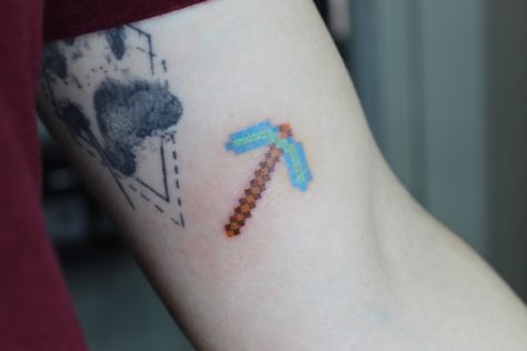 My third tattoo done by Alita Tattoo Pickaxe Tattoo, Diamond Pickaxe, Minecraft Tattoo, Diamond Tattoos, Triangle Tattoo, Watercolor Tattoo, Tatting, Minecraft, Tattoos