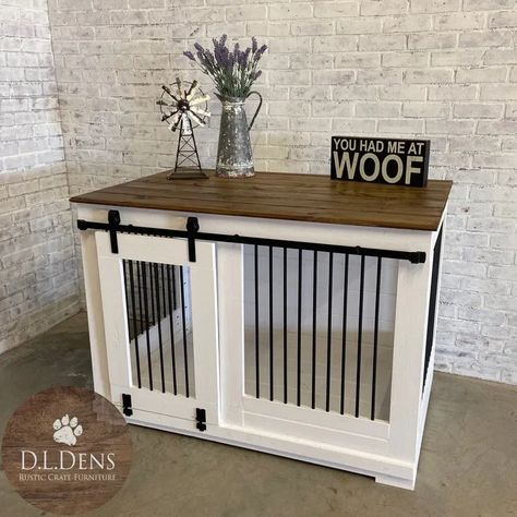 Furniture Style Dog Crate, Dog Den, Diy Dog Crate, Wooden Dog Crate, Dog Crate Cover, Dog Kennel Furniture, Diy Dog Kennel, Dog Spaces, Large Dog Crate