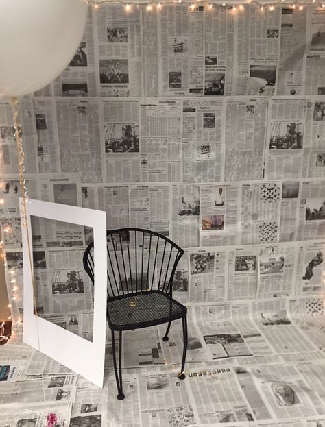 Photo booth - newspaper and props - 36" white balloon - Insta frame - chair. I recommend clear tape for ground as it will get ripped up. Photo Booth Background Ideas, Diy Cardboard Photo Booth, Diy Newspaper Backdrop, Creative Photobooth Ideas, Photo Booth Decoration Ideas, Diy Photography Props Cheap, Newspaper Party Decorations, Photo Back Drop Wall Ideas, Pop Up Photo Booth