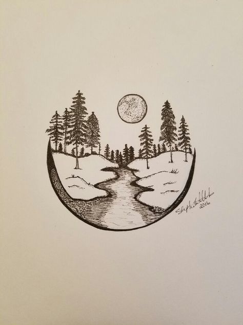 Forest pen drawings Drawing Ideas Forest Easy, Forest Drawings Simple, Drawing Ideas Outdoors, Aesthetic Nature Drawing Sketches, Woodsy Drawing, Forest And Mountains Drawing, Forest Pen Drawing, Easy Forest Sketch, Winter Drawings Pencil Easy