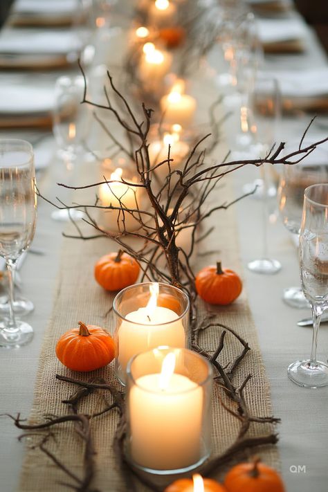 Autumn elegance and rustic charm with candles, branches, and small pumpkins centerpieces, perfect for fall wedding tables; an ideal fall wedding decor. Wedding Decor Traditional, Leaves Wedding Decor, Timeless Fall Wedding, Diy Fall Wedding, Fall Leaves Wedding, Fall Wedding Decor, Cozy Up Your Home, Fall Wedding Diy, Fall Coffee Table