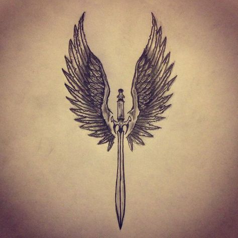 Angel Wings / Sword tattoo sketch by - Ranz:                                                                                                                                                     More Valkyrie Raven Tattoo, Dagger With Wings Tattoo, Valkyrie Wings Tattoo, Raven Wings Tattoo, Banner Tattoos, Valkyrie Wings, Wings Tattoo Meaning, Valkyrie Tattoo, Tattoo Angel