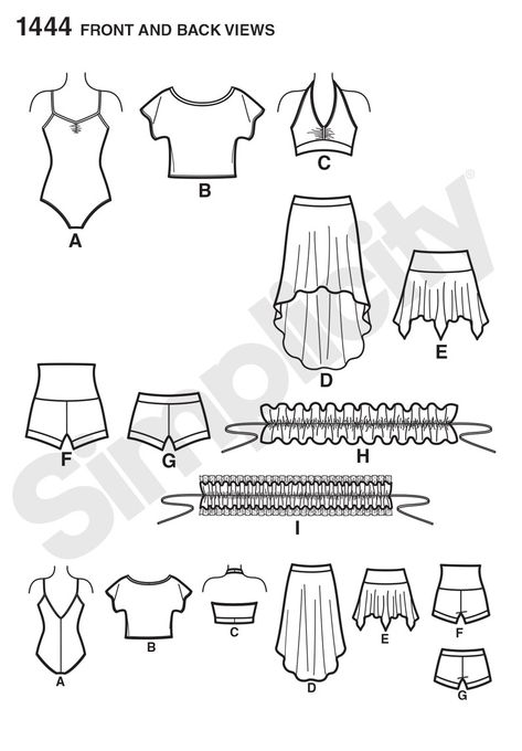 1444 Misses' Knit Dancewear http://sewing.patternreview.com/Patterns/64844 Category: Activewear   Make this dance outfit for competitions, classes, or pair with other pieces in your wardrobe. Pattern includes leotard, crop top, halter bra, hi-low & a handkerchief skirt, hi-lo waist shorts, shrug & shrug with overlay.  Buy Simplicity 1444 for $17.06   Regular: $18.95 Dancewear Patterns, Handkerchief Skirt, Praise Dance, Costume Sewing Patterns, Costume Patterns, Ballet Costumes, Figure Skating Dresses, Simplicity Sewing, Burda Style