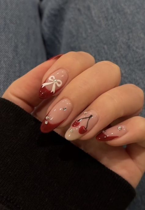 Red cherry nails ribbon nails bow nails Flashy Nail Designs, Sweetheart Nails, Grade Nails, Detailed Nails, Uñas Ideas, Euphoria Nails, Classy Acrylic, Korean Nail, Nyc Nails