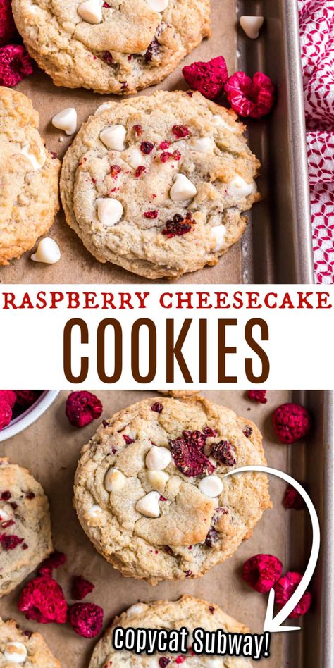 Blackberry Cheesecake Cookies, Subway Raspberry Cheesecake Cookies, Subway Cookie Recipes, Raspberry White Chocolate Cookies, Raspberry Cookie Recipes, Adorable Desserts, Subway Cookies, Famous Cookies, Raspberry Cheesecake Cookies