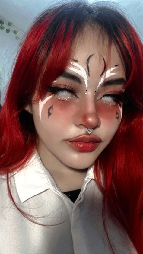 Face Markings Anime, Face Markings Makeup, White Contacts Makeup, Face Markings Drawing, White Face Paint Makeup, White Halloween Makeup, Person Reference, Fashion Core, White Mascara