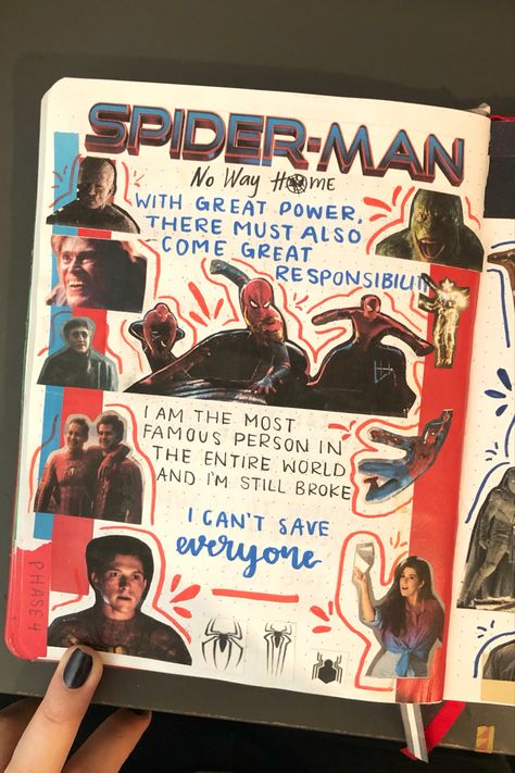 spider-man no way home page in my mcu journal Spider Man Journal Ideas, Spiderman Journal Ideas, Spider Man Journal, Spiderman Journal, Marvel Scrapbook, Marvel Diy, Journal Decor, Movie Journal, Peter Parker Spiderman