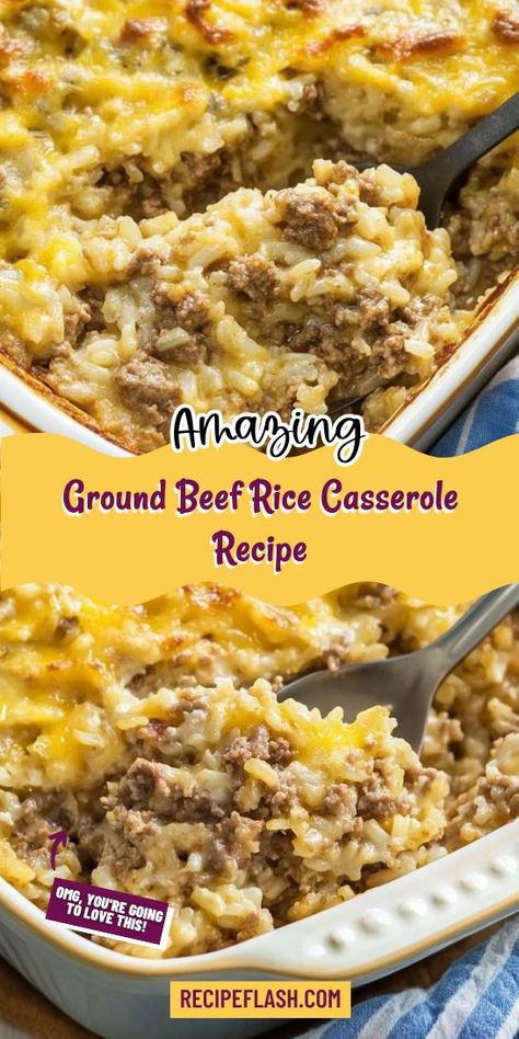 Whip up a cozy dinner with this Ground Beef Rice Casserole Recipe! This dish combines savory ground beef, aromatic spices, and soft rice, all baked to perfection. It’s a delicious, filling meal that’s perfect for feeding a crowd or enjoying as leftovers. Try it tonight for a delightful feast! Ground Beef Rice Casserole, Beef Rice Casserole, Cheesy Ground Beef, Ground Beef Rice, Ground Beef Casserole Recipes, Cheese Rice, Beef Rice, Rice Casserole Recipes, Filling Dinner