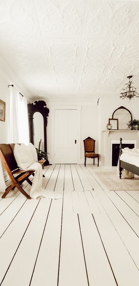 Victorian Farmhouse Cottage Master Bedroom Restoration Diana Marie Home White Floors Living Room, White Painted Wood Floors, White Painted Floors, Attic Bed, Painted Wood Floors, Van House, Farmhouse Flooring, Farmhouse White, Best White Paint