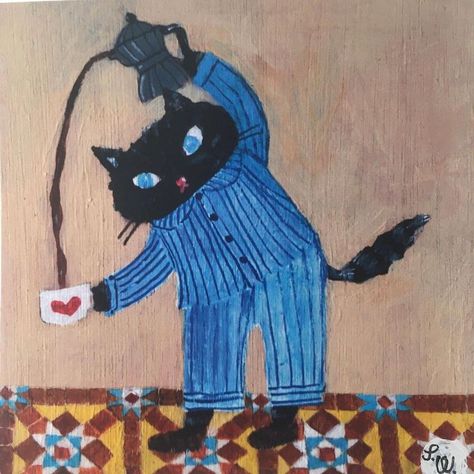 Mary Fedden, Pastel Sec, Cat Pajamas, Happy Art, Naive Art, Square Print, Cat Painting, Tabby Cat, Funky Art