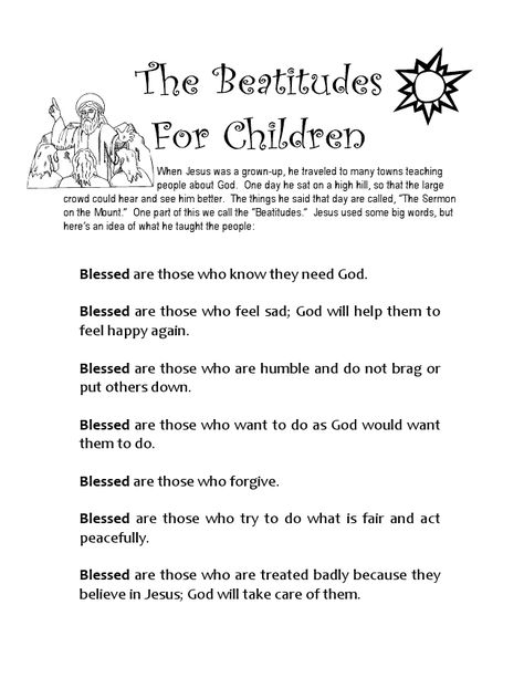 http://rschurchlady.blogspot.com/  Simplified language for the Beatitudes Beatitudes For Kids, Character Lessons, The Beatitudes, Cousin Camp, Sermon On The Mount, Children Church, Catholic Education, Preschool Bible, Kids Bible