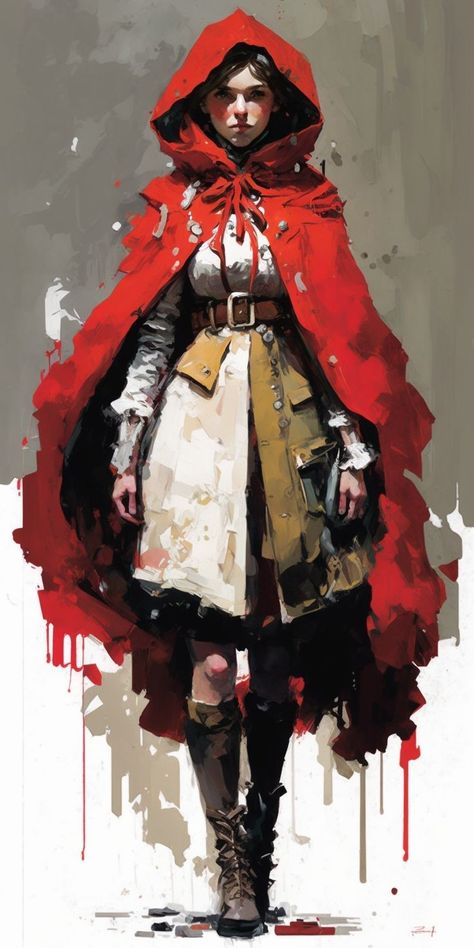 Full Body Digital Art, Oil Painting Anime, Full Body Drawings, Anime Oil Painting, Little Red Riding Hood Art, Painting Brush Strokes, Red Riding Hood Art, Wood Drawing, Hyper Realistic Paintings