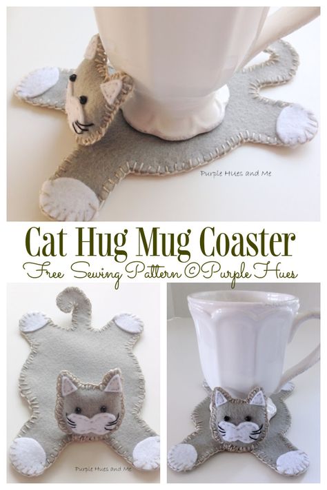 DIY Felt Cat Hug Mug Coaster Free Sewing Pattern | Fabric Art DIY Cat Sewing Projects, Fabric Art Diy, Hug Mug, Sewing Club, Christmas Presents For Friends, Cat Template, Sewing Templates, Cat Hug, Felt Coasters