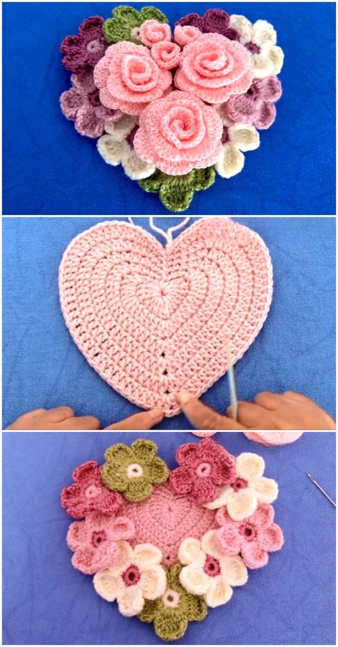 Crochet A Heart Applique With Flowers Handbag Pattern, All Free Crochet, Crochet Cross, Crochet Heart, Handmade Holiday, Crochet Videos, Crochet Edging, Love Crochet, Crochet Gifts