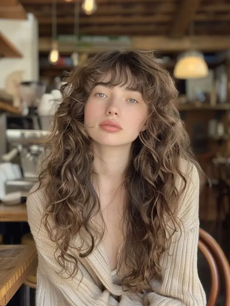 Long Waves With Bangs, Long Wavy Haircuts With Bangs, Curtain Bangs With Curls, Curly Bang Hairstyles, Short Curly Hair Curtain Bangs, Long Wavy Hair Bangs, Romantic Haircut, Side Bangs With Medium Hair, Bangs On Wavy Hair