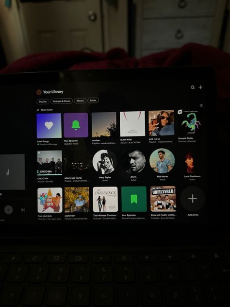 my spotify library ✨❤️ + october + 2022 + computer + laptop + aesthetic + podcast + bedroom + red blanket Spotify Library, Aesthetic Podcast, Young Harry Styles, Laptop Aesthetic, Spotify Aesthetic, Red Blanket, Library Aesthetic, Bedroom Red, October 2022