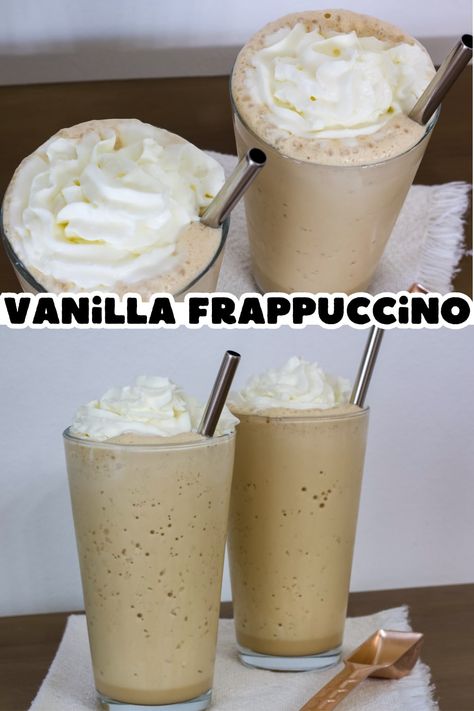 Learn how to recreate the delicious Starbucks Vanilla Frappuccino coffee with this simple recipe. Enjoy a refreshing, cold and creamy drink anytime. Starbucks Vanilla Frappe Recipe, Diy Vanilla Frappuccino, How To Make A Vanilla Frappuccino, Ice Frappuccino Recipe, Cafe Vanilla Frappuccino Recipe, Starbucks Blended Coffee Drinks, How To Make A Vanilla Frappe, How To Make Vanilla Frappe, Vanilla Bean Creme Frappuccino Recipe