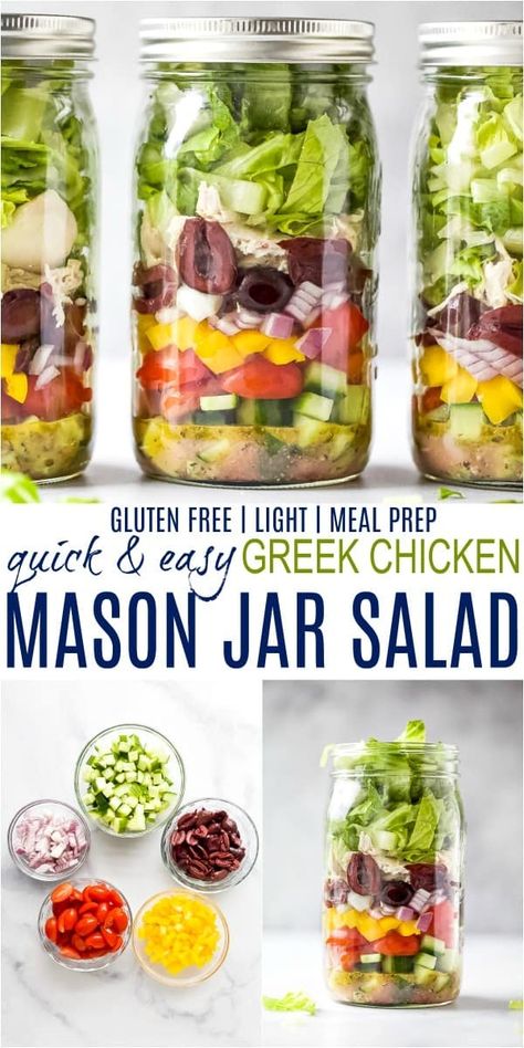 This quick Greek Chicken Salad recipe packed in mason jars makes the perfect meal prep lunch for the week! Each mason jar salad is filled with cucumber, tomato, kalamata olives, feta, chicken and a light greek vinaigrette for the ultimate bite! #glutenfree #saladrecipes #masonjar #chickenrecipes Salads In A Jar Recipes Greek, Mediterranean Diet Mason Jar Salads, Jar Dinners Mason, Salad Prep Jars, Greek Salad Mason Jar, Meal Prep Greek Salad, Chicken Salad Jar Recipe, Mediterranean Mason Jar Salad, Make Ahead Refrigerator Meals